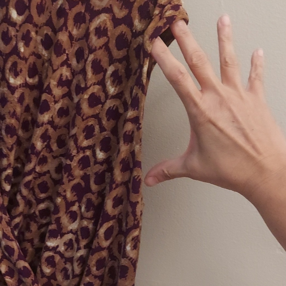 LAUREN RALPH LAUREN Tan and Purple Patterned Sleeveless Faux Wrap Midi Dress - Picture 7 of 13